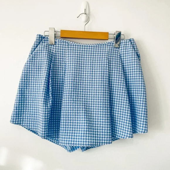 Zara Textured Gingham Split Skirt Blue White  Size Medium - Picture 5 of 9